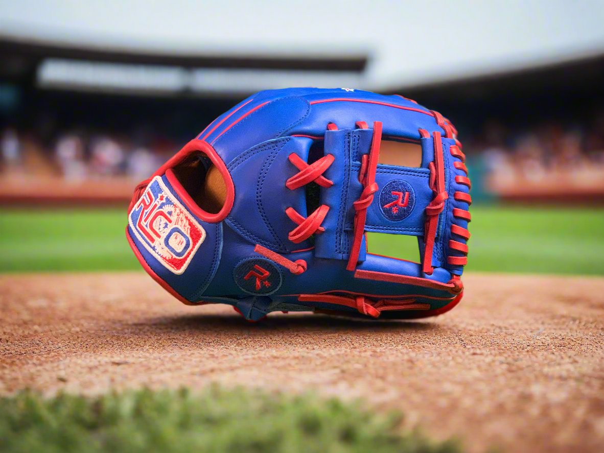 11.50 inch Flash Glove, right hand thrower, royal blue, red laces, binding, welting, limited Rico red, white, blue patch.