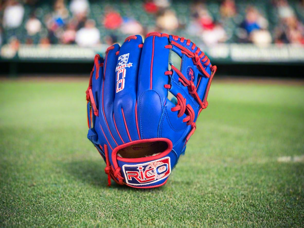 11.50 inch Flash Glove, right hand thrower, royal blue, red laces, binding, welting, limited Rico red, white, blue patch.