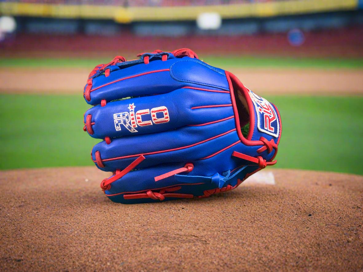 11.50 inch Flash Glove, right hand thrower, royal blue, red laces, binding, welting, limited Rico red, white, blue patch.