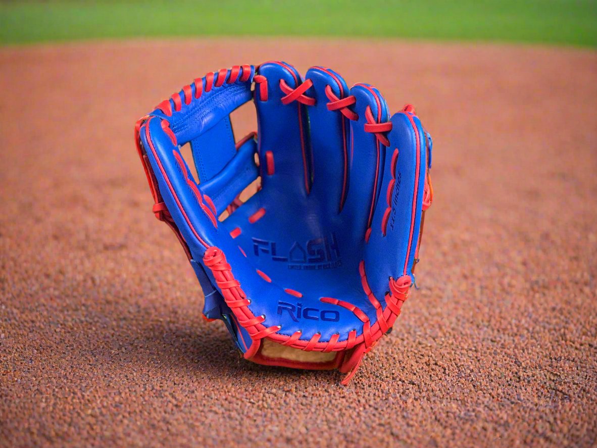 11.50 inch Flash Glove, right hand thrower, royal blue, red laces, binding, welting, limited Rico red, white, blue patch.