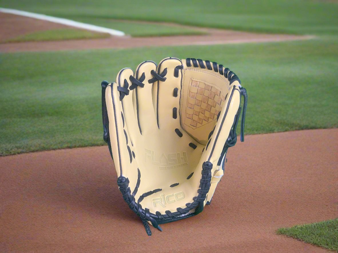 12 inch Flash Glove, left hand thrower, cream, black laces, binding, and welting, A closed web style.