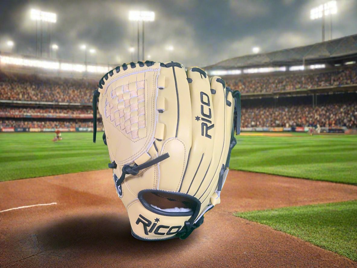 12 inch Flash Glove, left hand thrower, cream, black laces, binding, and welting, A closed web style.