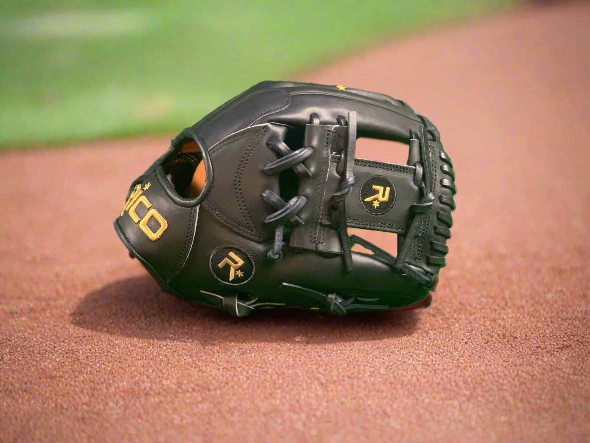 12 inch Flash Glove, right hand thrower, black with black laces, gold Rico logos, i web.