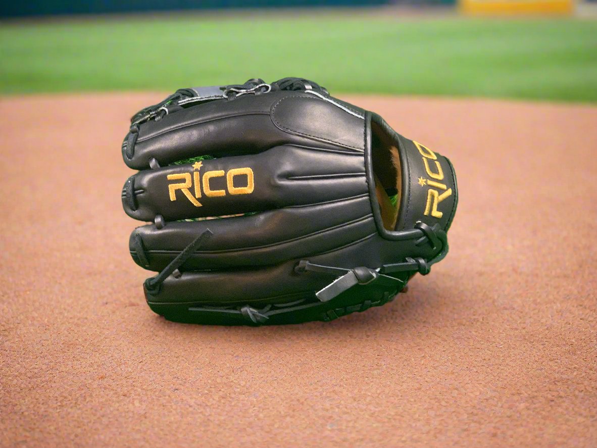 12 inch Flash Glove, right hand thrower, black with black laces, gold Rico logos, i web.